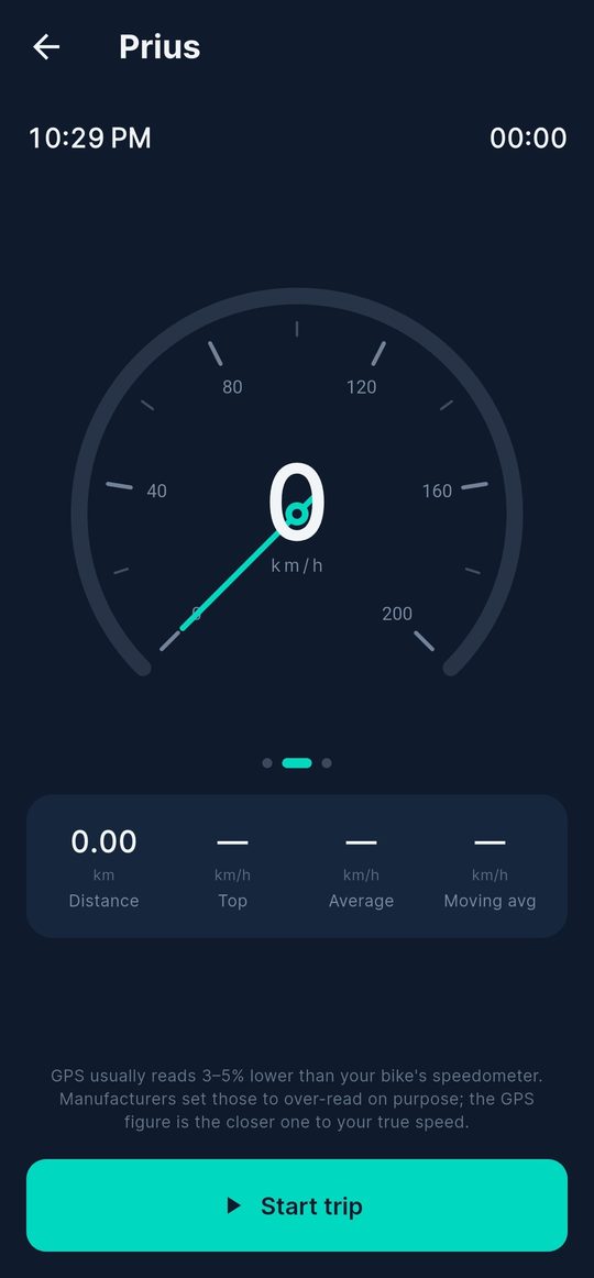 RideBook speedometer with an analog dial